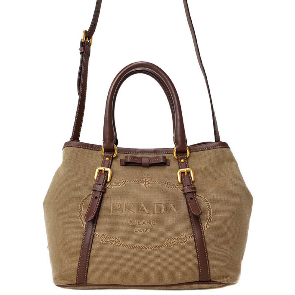 Prada Jacquard Logo Tote bag canvas leather trim Brown